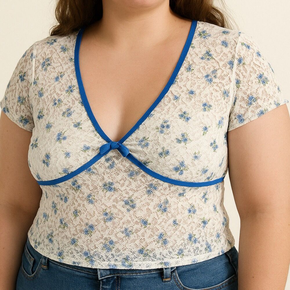 Coquette Y2K Sheer Lace Floral Blouse Junior Large Blue Trim Bow Top Romantic